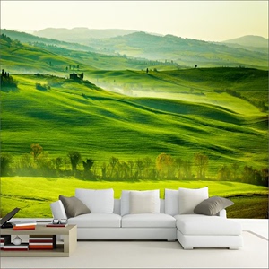 田园风草原山坡背景墙布客厅沙发大自然清新绿色壁画大树卧室壁布