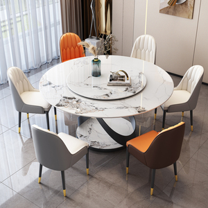 大理石圆形餐桌椅组合家用圆桌带转盘意式岩板餐桌现代简约轻奢风