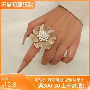 时尚夸张金属合金珍珠花朵戒指简约复古创意设计开口戒指食指女款