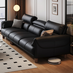 真皮沙发客厅意式极简轻奢头层牛皮直排简约现代黑色复古风沙发