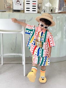 夏季新款男中小童彩虹条纹波点套装多巴胺男童套装衬衫短裤两件套