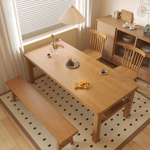 原木风纯实木餐桌长方形双层家用吃饭桌子书桌一体北欧现代长条桌