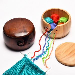 木制毛线碗 日式圆形毛线收纳木碗 手工木碗创意收纳碗木质抽线碗