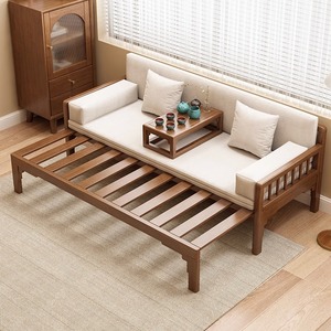 新中式罗汉床推拉床茶桌椅组合小户型伸缩床榻明式原木沙发床两用
