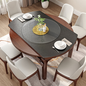 火烧石餐桌圆形家用火锅方圆两用桌可变圆桌子伸缩实木餐桌椅组合