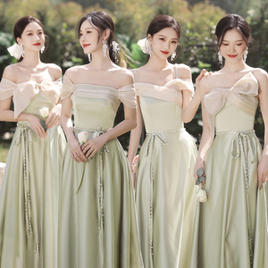 绿色缎面伴娘服2024新款夏季小众高级感姐妹团仙气质显瘦晚礼服裙