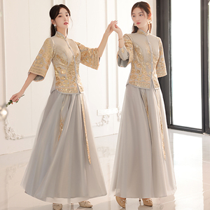 中式结婚秀禾服新娘大码伴娘服礼服2023新款冬季中国风婚礼姐妹裙
