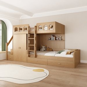 实木错位型上下床儿童床带衣柜多功能上下铺交错式双层高低子母床