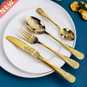 Gold Stainless Steel Cutlery Set Fork Spoons Knife Silverwar