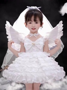 女童白色连衣裙女宝天使公主裙高级礼服洛丽塔蛋糕裙婚礼花童无袖