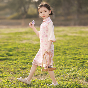 粉色旗袍女童公主连衣裙子中袖长款小女孩夏季儿童复古改良中国风