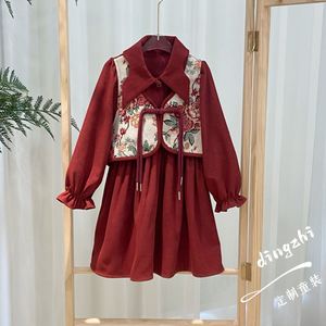 女孩新中式汉元素国风连衣裙女童盘扣时尚民族风洋气假两件套裙子