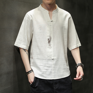 中国风亚麻短袖t恤男士薄款衬衫刺绣棉麻唐装夏季新中式古风半袖