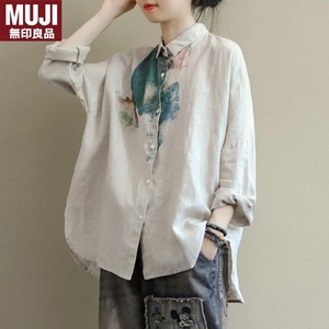 MUJ1无印优选日韩外贸尾单品牌剪标女装印花苎麻衬衫女长袖亚麻料