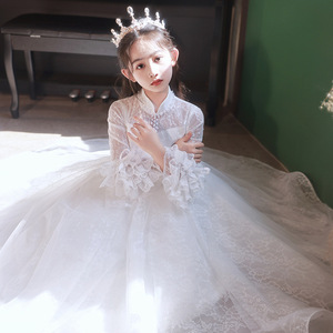 皇室童缘蕾丝超仙白色女童晚礼服冬季小花童婚宴生日公主裙主持钢