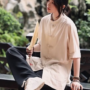 新中式中山装男女同款盘扣麻棉中袖唐装衬衣中国风复古立领衬衫潮