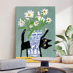 可爱黑猫客厅装饰画抽象艺术小白花瓶纯手绘油画小众艺术玄关挂画