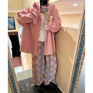 【无限】春夏日系复古粉色大版衬衫粉色格子棉麻裤微胖MM大码女装