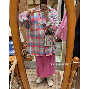 【无限】春夏日系复古粉色格子衬衫玫红色真丝半裙微胖MM大码女装