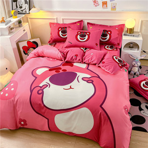 迪士尼草莓熊卡通纯棉被套床上四件套全棉女孩儿童床单三件套可爱