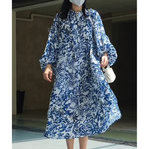 夏季新款韩版文艺范植物花卉衬衫连衣裙复古灯笼袖宽松显原创设计