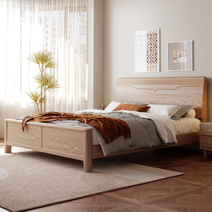 北欧白蜡木实木床1.8米简约现代小户型侘寂奶油风1.5米婚床原木色