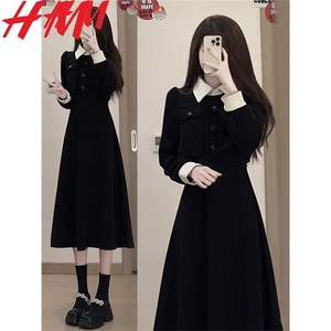 HM法式赫本黑色连衣裙子秋季2024新款女装早秋装搭配一整套长袖长