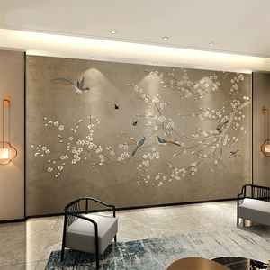 新中式手绘工笔花鸟壁纸客厅书房电视背景墙复古艺术墙纸定制壁画