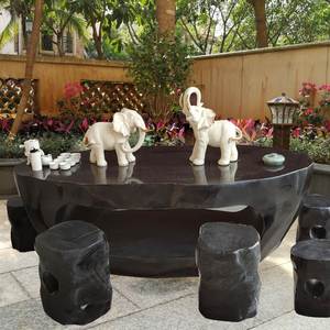 异形石桌石凳天然黑青石别墅户外庭院花园鹅卵石镂空桌子阳台茶桌