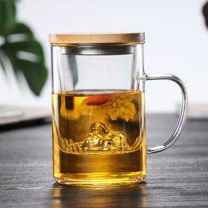 希乐高硼硅玻璃水杯观山杯茶水分离泡茶杯过滤三件杯竹木盖杯子茶