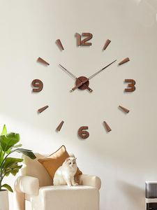 胡桃木数字时钟表复古简约客厅挂钟中式木纹墙贴壁钟 diy静音钟表