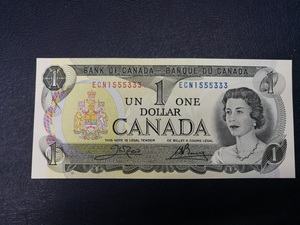 全新UNC，1973年加拿大1元纸币，英女皇头像，双豹子号靓号无47