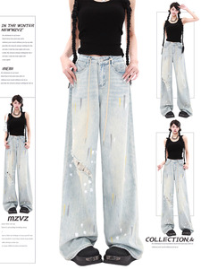 MZVZ美式复古彩绘泼墨牛仔裤女夏季设计感小众高腰直筒磨破洞裤子