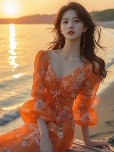 桔梗法式橘色碎花连衣裙设计师春夏2024新款沙滩裙女海边度假超仙