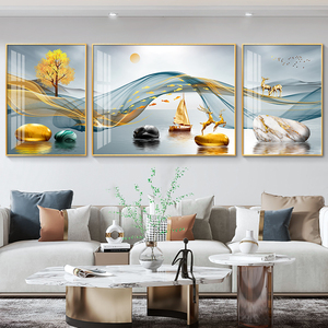 轻奢客厅装饰画沙发背景墙壁画现代简约三联画大气招财的晶瓷挂画