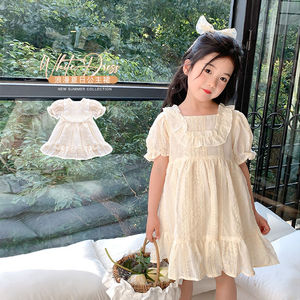 女童连衣裙短袖时尚新款春夏甜美女孩纯色法式薄款韩版公主风裙子