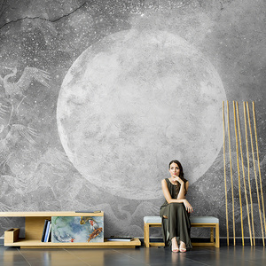 美式月亮仙鹤壁画网红工业风壁纸客厅电视背景墙墙纸民宿餐厅墙画