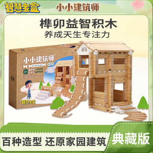 典藏款智慧宝盒榫卯益智拼搭玩具孩子环保实木93块小小建筑师积木