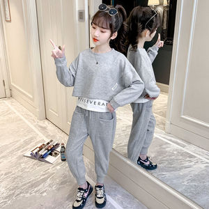 韩系女童套装新款假两件套春秋款头衫中大童卫衣束脚口运动长裤两