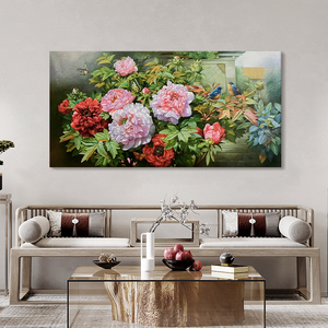 牡丹花客厅沙发背景墙装饰画花开富贵好寓意纯手绘油画花鸟图挂画