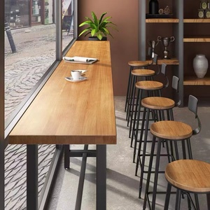 现代实木长条靠墙吧台桌家用阳台靠窗高脚长桌咖啡厅酒吧桌椅组合