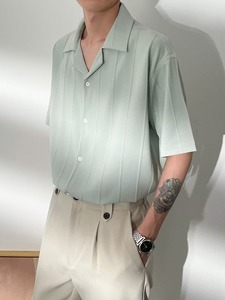 原创古巴领免烫竖条纹理设计感男半短袖衬衫宽松高级垂坠休闲夏季