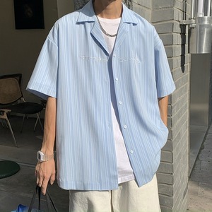 西西里男装字母刺绣短袖古巴领衬衫韩版夏季薄款宽松休闲衬衣潮牌
