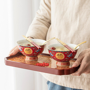珐琅彩结婚碗筷套装中式红碗结婚喜碗一对陶瓷夫妻碗婚礼红色餐具
