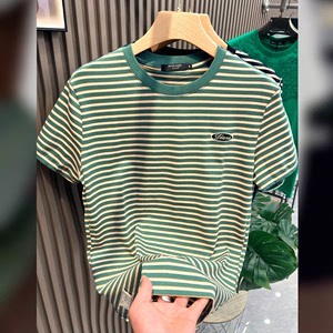 绿色横条纹短袖T恤男2024年新款纯棉刺绣体恤时尚潮牌ins潮流上衣