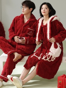新婚情侣睡衣冬季加厚珊瑚绒少女睡袍红色睡裙结婚男士套装家居服