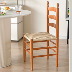 北欧中古实木餐椅家用创意牛皮绳编靠背椅现代小户型卧室书桌椅子