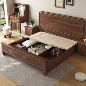 北美黑胡桃木床气压高箱床储物床中式一米八双人简约现代全实木床