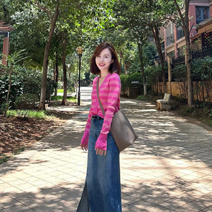 韩版经典法式条纹针织开衫女2023秋季新款百搭显瘦单排扣毛衣外套