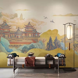中式金色意境风松树阁楼壁布典雅酒店民宿前台背景墙纸无纺布壁纸